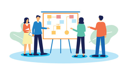 Group of people discussing a flowchart on a whiteboard during a business meeting or presentation event