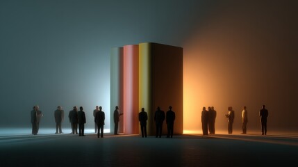 Fototapeta premium Mysterious silhouettes with giant books and atmospheric lighting
