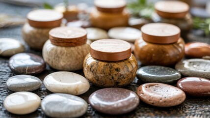 Earthy stone jars with wooden lids on a bed of wet pebbles. A natural and serene concept for spa, wellness, and organic beauty products.