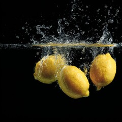 Citrus Fruits in Motion with Water and Splash Effect on Dark Background