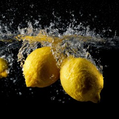 Citrus Fruits in Motion with Water and Splash Effect on Dark Background