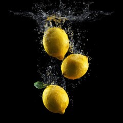 Citrus Fruits in Motion with Water and Splash Effect on Dark Background