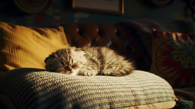 A serene tabby cat rests peacefully on a cushion in a cozy living room with warm sunlight casting a gentle glow.