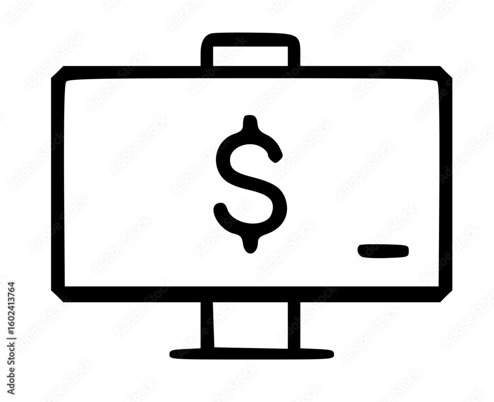 Fototapete simple black and white illustration of a computer monitor displaying a dollar sign.