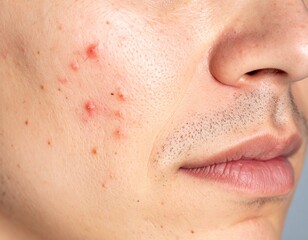 Close-up of Acne on a Person's Face, Highlighting Skin Texture