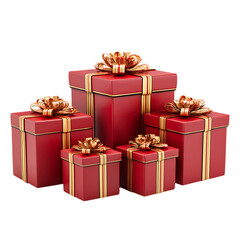 Close-Up View of Red Gift Boxes with Shiny Gold Ribbons and Elegant Bows Isolated on Transparent Background – Luxurious Gift Wrapping Set