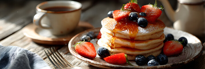 A Cozy Morning Delight: Pancakes, Fresh Fruits, and Aromatic Coffee for the Perfect Breakfast Indulgence