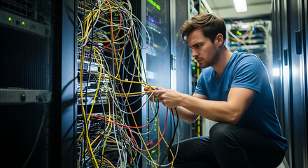 A server expert trying to fix messy server cables.