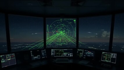 Aerial traffic control tower at night showcasing radar screens and city lights in the background
