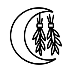Crescent moon with hanging herb bundles icon