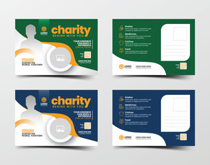 Creative and modern charity postcard template design with green and blue color versions