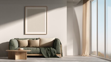 Modern minimalist living room with large window