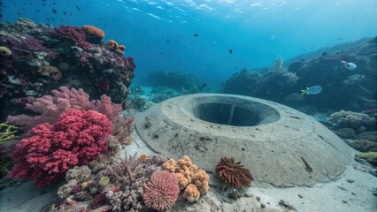 Naklejka premium Vibrant coral reef teems with diverse marine life surrounding mysterious underwater structure