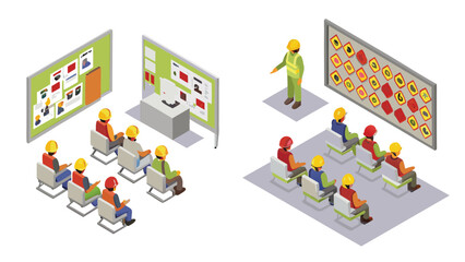 Isometric view of two safety training sessions with instructors and workers wearing hard hats present