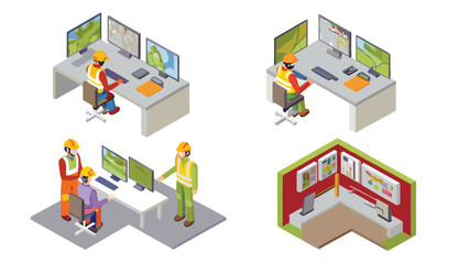 Isometric view of workers monitoring screens at desks in a control room setting with multiple views