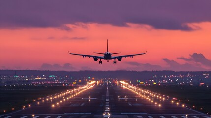 A plane takes off at sunset.
