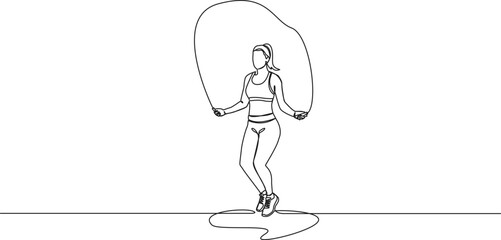 continuous single line drawing of fit woman skipping rope, line art vector illustration