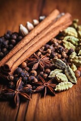Assorted Spices Display Featuring Cardamom Pods, Cinnamon Sticks, and Anise Ingredients Background