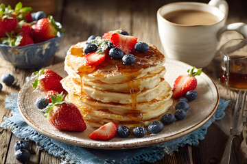 A Cozy Morning Delight: Pancakes, Fresh Fruits, and Aromatic Coffee for the Perfect Breakfast Indulgence