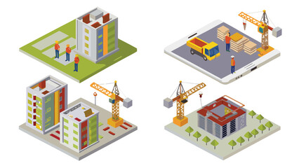 Isometric view of construction sites with buildings cranes workers and a truck on a tablet screen