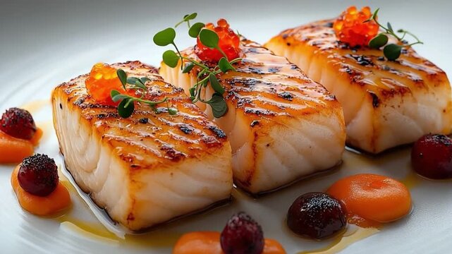 Gourmet Delight: A culinary masterpiece, featuring artfully presented salmon fillets adorned with vibrant garnishes, promising a symphony of flavors and textures for the discerning palate.