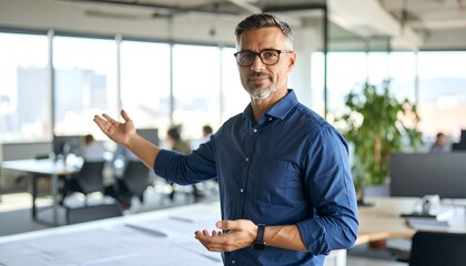Man Presenting in Modern Office Space with Open Hand Gesture