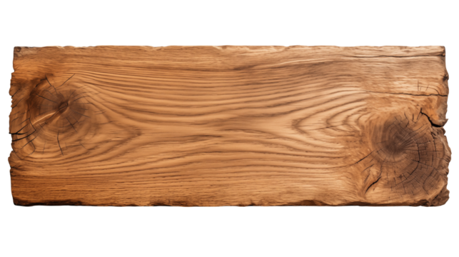 Rustic wooden plank with natural grain and knots, perfect for vintage design projects and rustic themes isolated on white or transparent png.