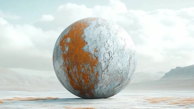 Sphere on the Horizon: A colossal sphere, marked by an amalgamation of textures, rests serenely amidst an endless, otherworldly landscape of serene.