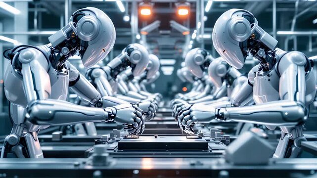 Futuristic Robots Working Together in Automated Factory Environment