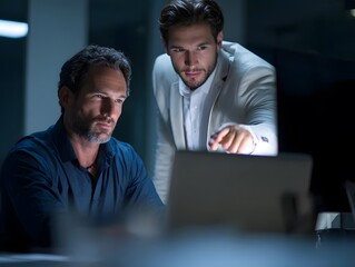 Man in dark shirt working on laptop, man in white blazer pointing at screen.