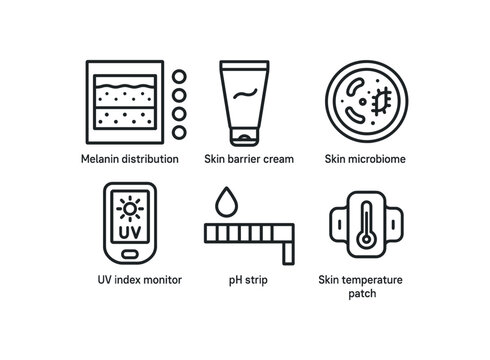 straight perfect stroke icon mono icons style isolated skin melanin distribution chart skin barrier cream tube skin microbiome sample skin UV inde monitor skin pH strip skin temperature