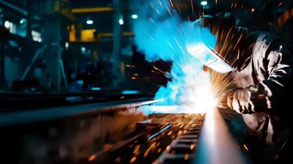 Industrial Worker Welding Metal Surfaces in Workshop with Blue Sparks and Smoke