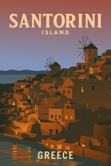 Vintage style travel poster of Santorini Island, Greece