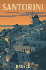 Vintage style travel poster of Santorini Island, Greece