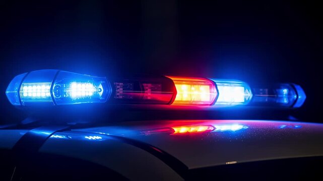 Closeup of police vehicle light bar blinking vividly against dark background.