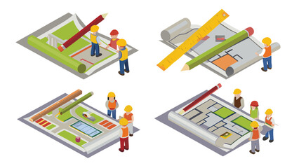 Isometric view of construction workers reviewing architectural plans with tools and blueprints laid out
