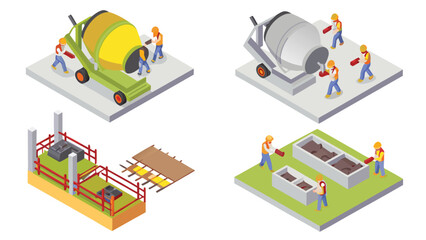 Isometric view of construction site with workers, concrete mixers, and foundation work in progress