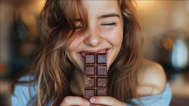 A woman with a joyful expression, savoring a piece of chocolate.