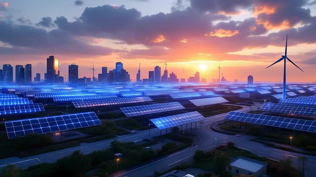 Stunning Sunset Over Cityscape with Solar Panels and Wind Turbines in Urban