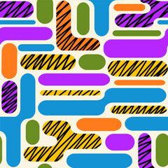 Bold retro geometric  seamless pattern with bright psychedelic colors and hand-drawn texture