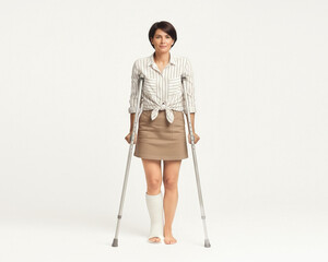 Young woman stands with crutches and a cast on her leg, representing recovery, injury, and rehabilitation in a studio setting.