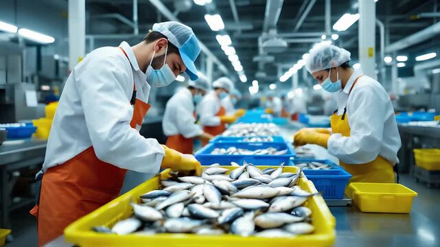 Workers Processing Fresh Seafood in a Modern Fish Processing Facility