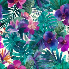 Seamless tropical watercolor pattern with monstera leaves, orchids, and lush jungle foliage © Tino