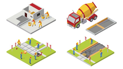 Isometric illustration showing construction scenes with workers and a concrete mixer truck on white
