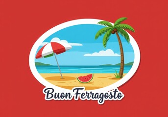 Buon ferragosto tropical beach scene with palm tree and umbrella