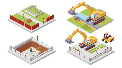 Isometric construction site showing excavation and building foundation with heavy machinery and workers