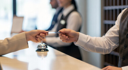 Receptionist hands a room key card to a hotel guest during check-in at the front desk, hospitality staff in background.