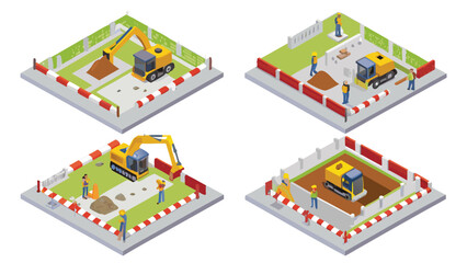Isometric construction site showing excavators and workers in different stages of building project work area
