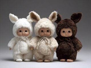 Fototapeta premium Three plush bunny dolls in white, beige, and brown.