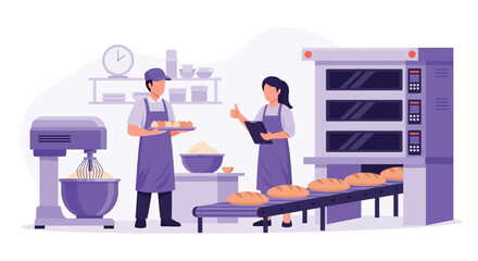 Bakers working in a modern bakery, preparing and checking freshly baked bread on a conveyor belt next to an industrial oven.